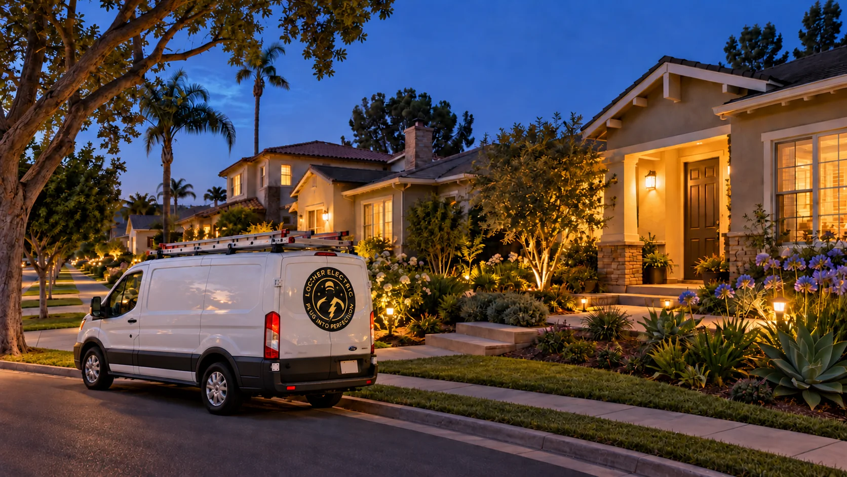 Locher Electric service van parked in a warmly lit residential neighborhood at dusk